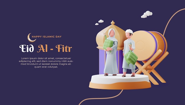 eid mubarak banner template with 3d couple muslim character and drum