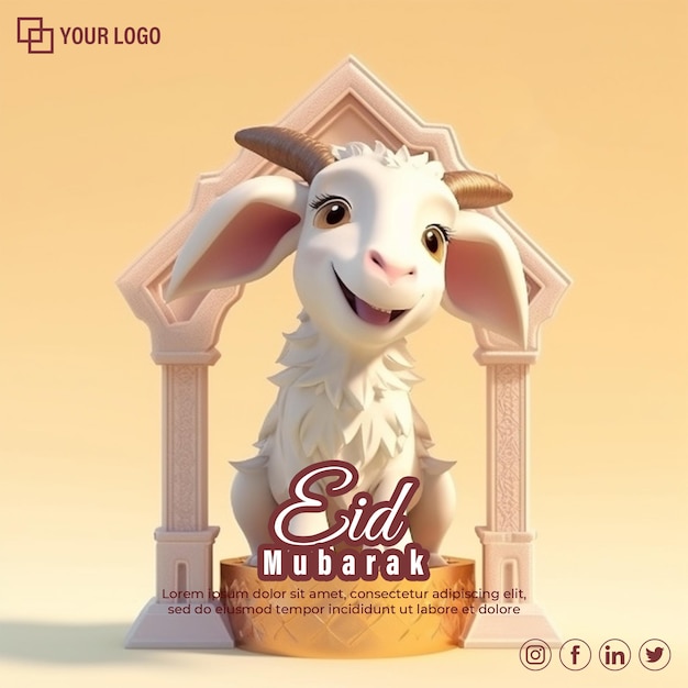 PSD banner eid mubarak con cartone animato di capra reso in 3d