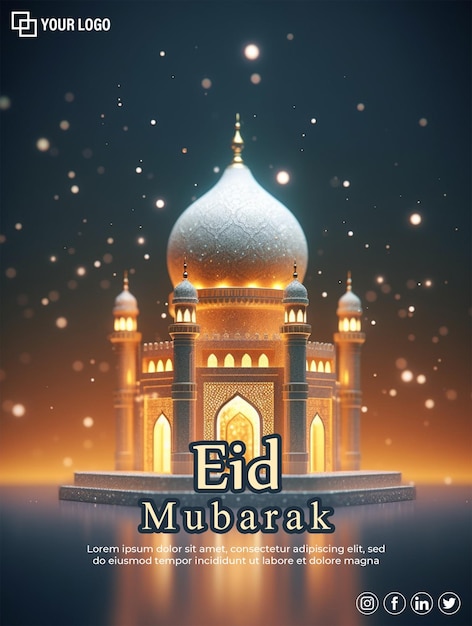 PSD eid mubarak banner with 3d rendered islamic mosque