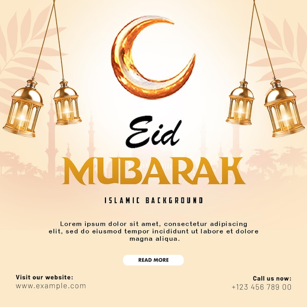 eid mubarak celebration islamic festival with crescent moon and lanterns