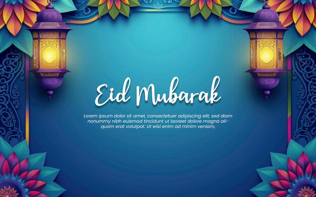 Eid mubarak colorful greeting template blue paper and colorful mandala with ramadam lantarn