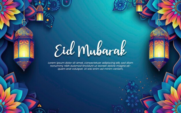 PSD eid mubarak colorful greeting template blue paper and colorful mandala with ramadam lantarn