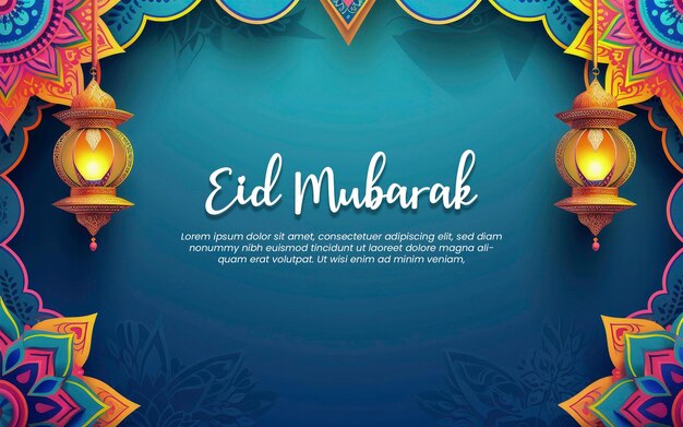 PSD eid mubarak colorful greeting template blue paper and colorful mandala with ramadam lantarn