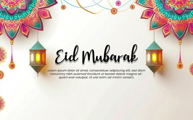 PSD eid mubarak colorful greeting template white paper and colorful mandala with ramadam lantarn