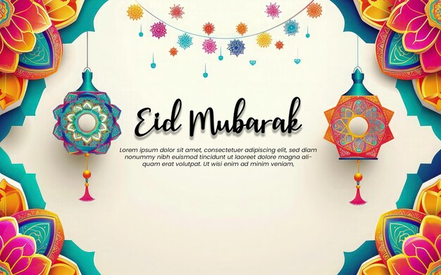 PSD eid mubarak colorful greeting template white paper and colorful mandala with ramadam lantarn