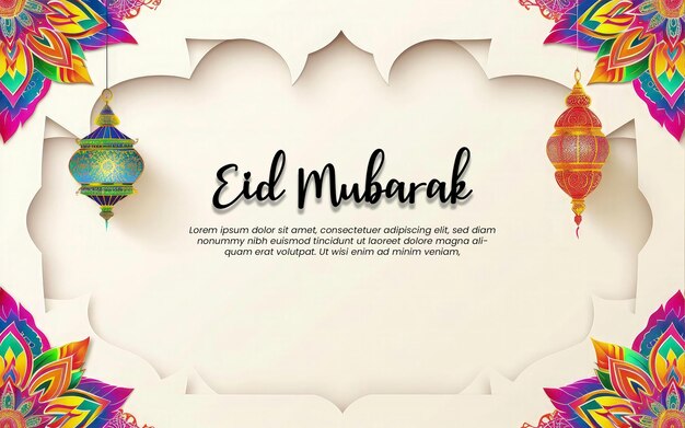 PSD eid mubarak colorful greeting template white paper and colorful mandala with ramadam lantarn