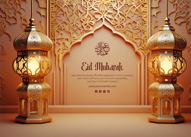 PSD il concetto di eid mubarak è un design estetico della parete del mihrab con decorazione di lanterne su uno sfondo di fuzz di pesche