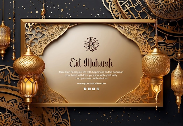 PSD eid mubarak concept golden frame with islamic style unique mandala design on dark background