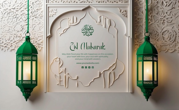 PSD il concetto di eid mubarak è una decorazione murale estetica islamica con lanterne verdi su sfondo bianco.