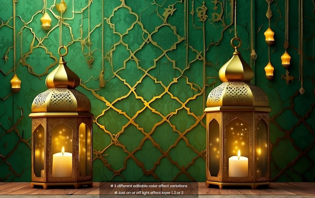 PSD concept di eid mubarak disegni estetici islamici a parete con lanterne su sfondo verde
