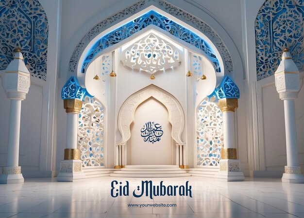 PSD eid mubarak concept luxurious white and blue mihrab design 3d render on white background