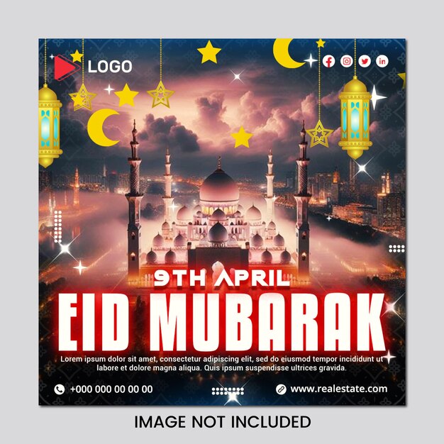 PSD eid mubarak e eid ul fitr 9 aprile celebrazione con template di post su instagram e facebook