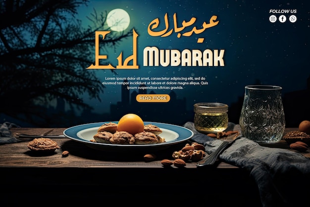 PSD eid mubarak food background with copy space