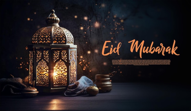 Eid mubarak greeetings template magical islamic lantern wooden background generative ai