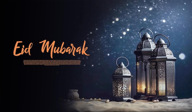 Eid mubarak greeetings template magical islamic lantern wooden background generative ai