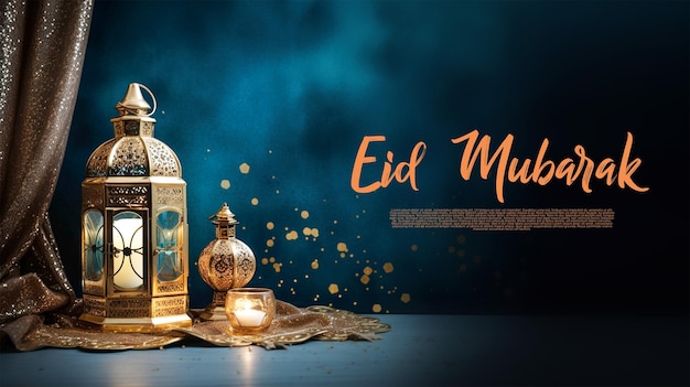 Eid mubarak greeetings template magical islamic lantern wooden background generative ai