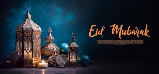 Eid Mubarak Greeetings 템플릿 마법의 이슬람 랜턴 나무 배경 생성 Ai