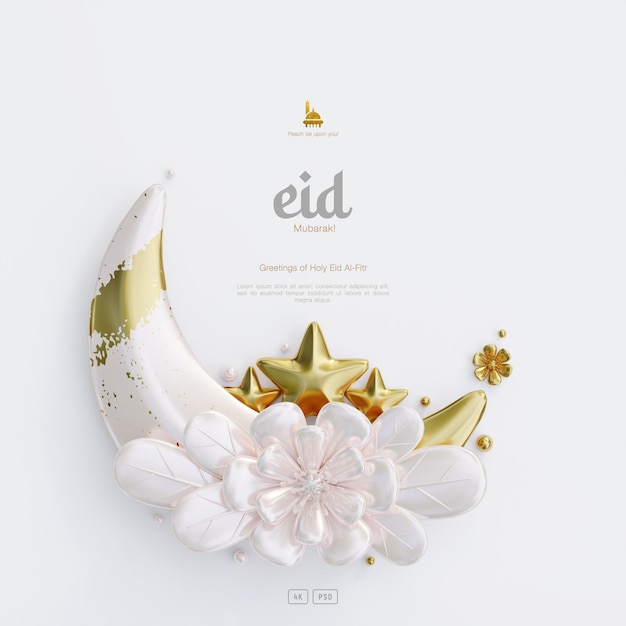 PSD eid mubarak greeting card background with decorative cute 3d flower crescent and islamic ornaments