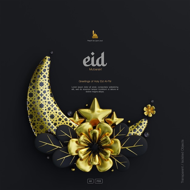 PSD eid mubarak greeting card background with decorative cute 3d flower crescent ornaments dark scene