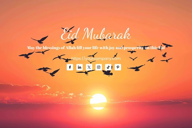 PSD eid mubarak greeting card featuring a silhouettes of birds roosting in palm trees