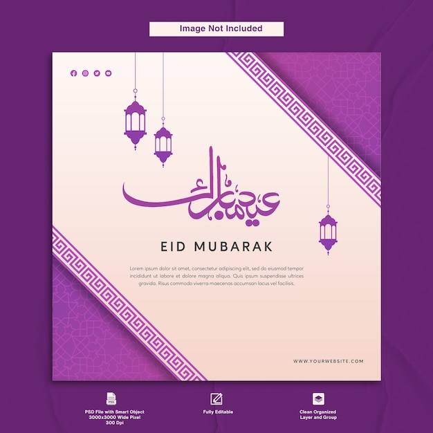 PSD eid mubarak greeting card post template design purple theme