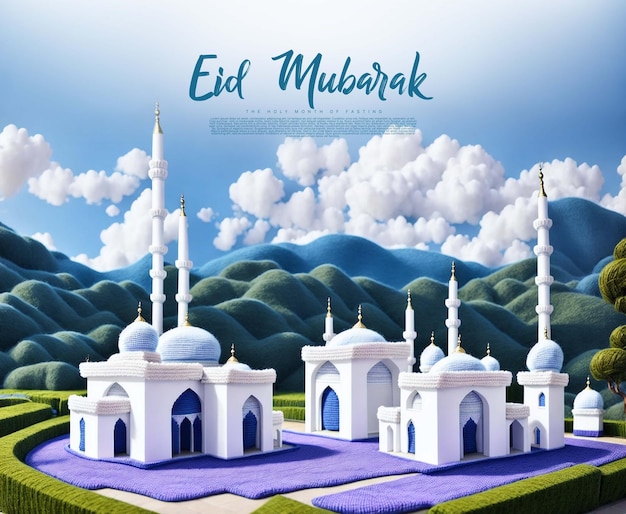 Modello di saluti di eid mubarak con un cielo blu di sfondo della moschea ai generativo