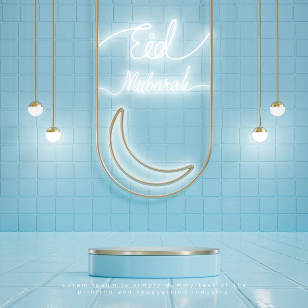 Eid Mubarak groeten neon decoratie podium voor productplaatsing op blauwe achtergrond 3d render