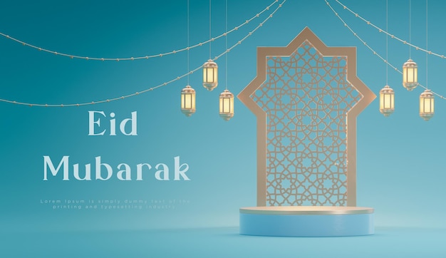 Eid mubarak islamic decorations podium banner blue background 3d render