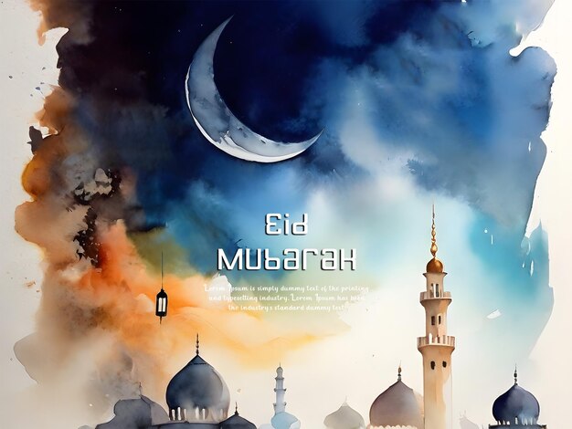 PSD eid mubarak islamic design mosque watercolor brushstroke kreatywny edytowalny tekst psd design