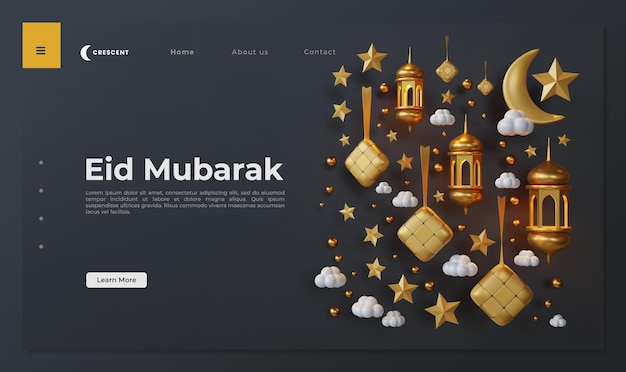 Eid mubarak landing page template with 3d rendering of ketupat