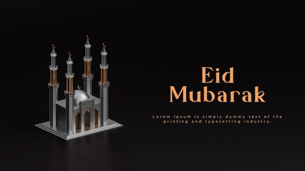 Eid mubarak modern silver mosque greetings social media banner black background 3d render