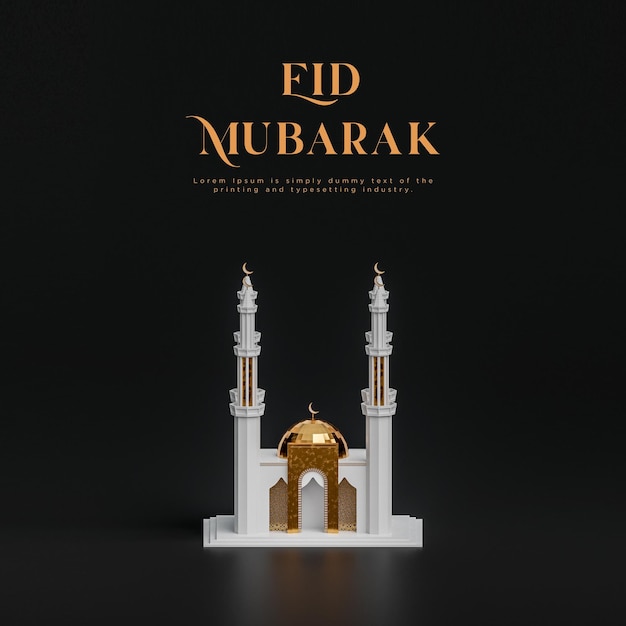 Eid Mubarak modern white mosque islamic greetings for social media black gold background 3d render