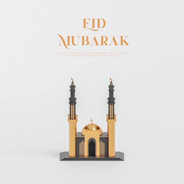 Eid mubarak moderne zwarte moskee islamitische groeten voor sociale media witte achtergrond 3d render