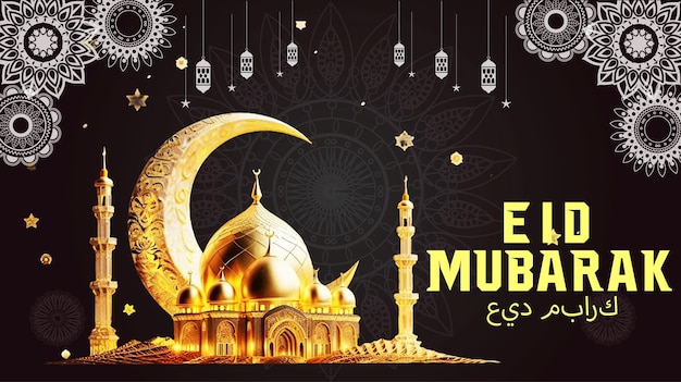 PSD eid mubarak moon and mosque festival background