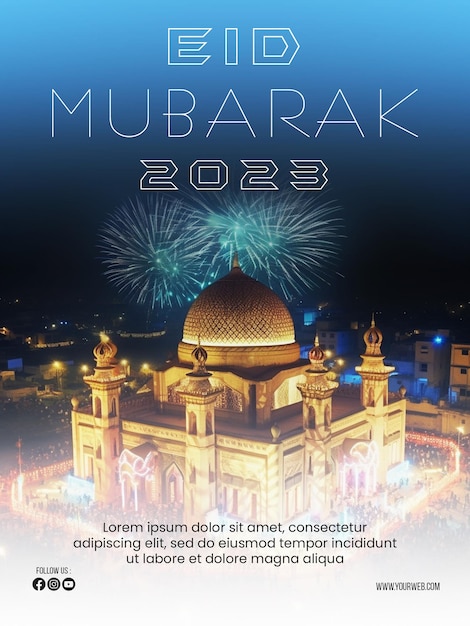 PSD poster dell'eid mubarak con una foto della bellissima moschea