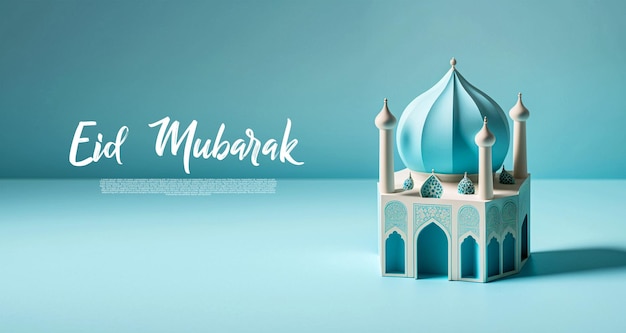 Eid mubarak pozdrowienia szablon 3d ładny meczet bezszwowe niebieskie tło generatywne ai