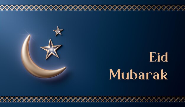 eid mubarak realistic islamic crescent moon decoration navy gold banner 3d render