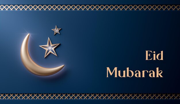 PSD eid mubarak realistico islamico luna crescente decorazione blu navy banner 3d rendering