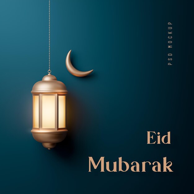 Eid mubarak realistic islamic lantern decoration navy gold background 3d render