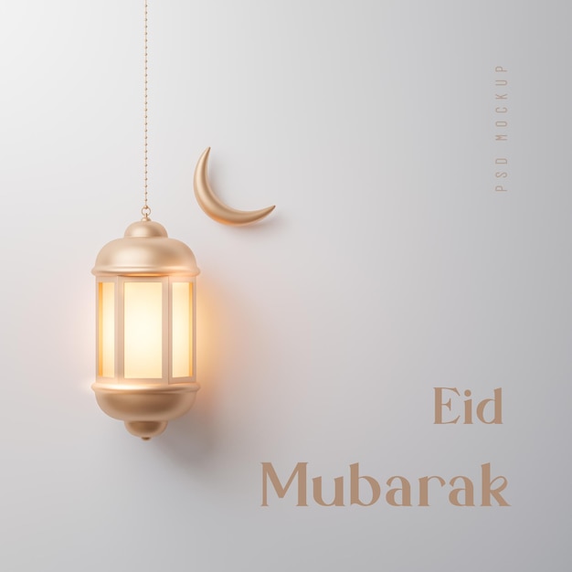 Eid Mubarak realistic islamic lantern decoration white gold background 3d render