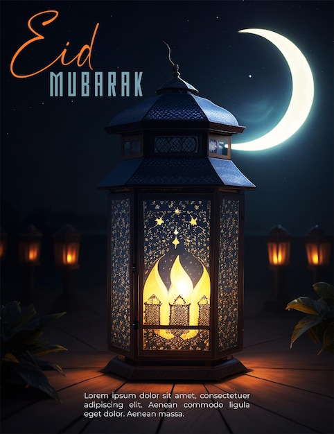 Eid mubarak social media design con luna festiva e lanterne luminose