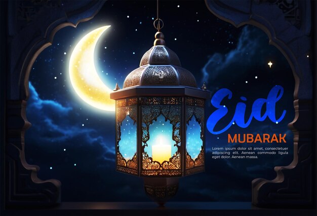 Eid mubarak social media design con luna festiva e lanterne luminose