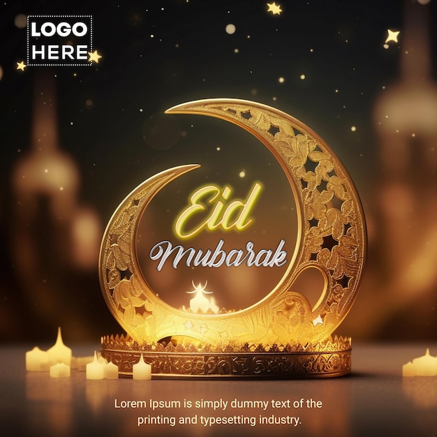 Post o modello sui social media di eid mubarak con una mezzaluna cava su uno sfondo bokeh dorato