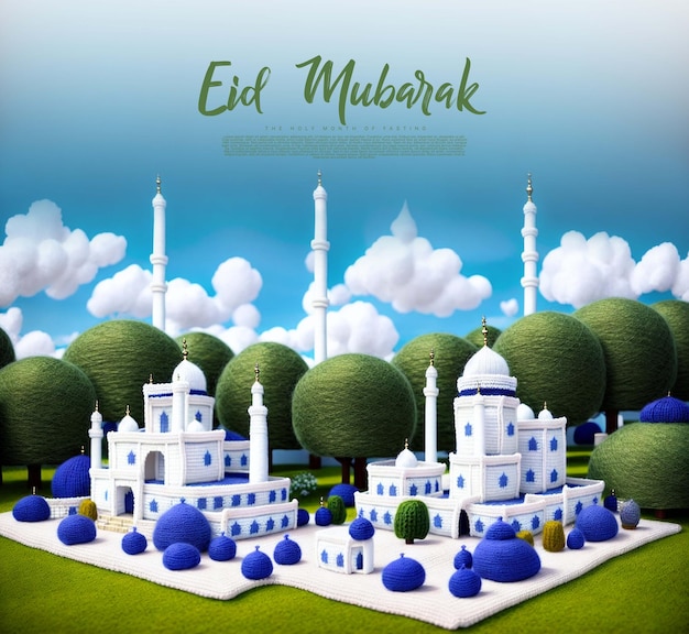 Eid Mubarak szablon pozdrowienia z generatywnym ai niebieskim tle meczetu