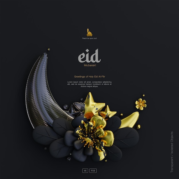 PSD eid mubarak tło karty z pozdrowieniami z dekoracyjnymi ślicznymi kwiatami 3d ozdoby półksiężyca ciemna scena