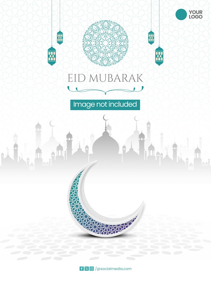 PSD eid mubarak viering met maanlantaarns en silhouet van de moskee