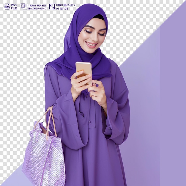 Eid sale muslim woman in hijab with shopping bag isolated on transparent background