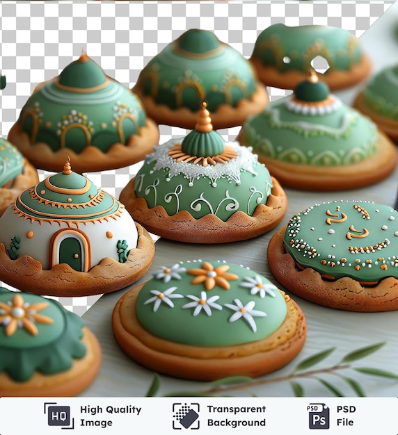Eid-thema koekjes stempel set voor ramadan met een verscheidenheid aan cakes en koekjes, waaronder groene oranje en groene en oranje cakes versierd met witte en oranje bloemen