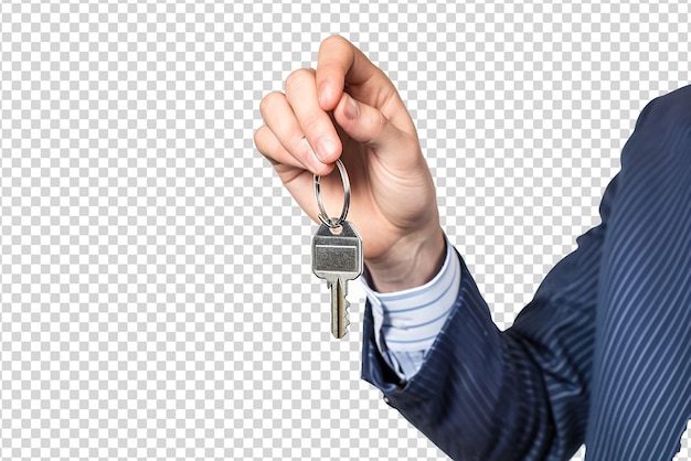 eigenaar met zijn sleutels op witte geïsoleerde achtergrond