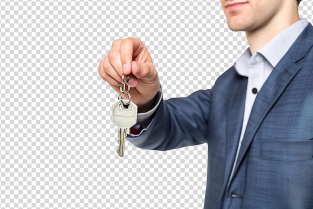 eigenaar met zijn sleutels op witte geïsoleerde achtergrond